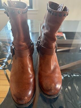 Frye Cognac Leather Studded Harness Ankle Boots